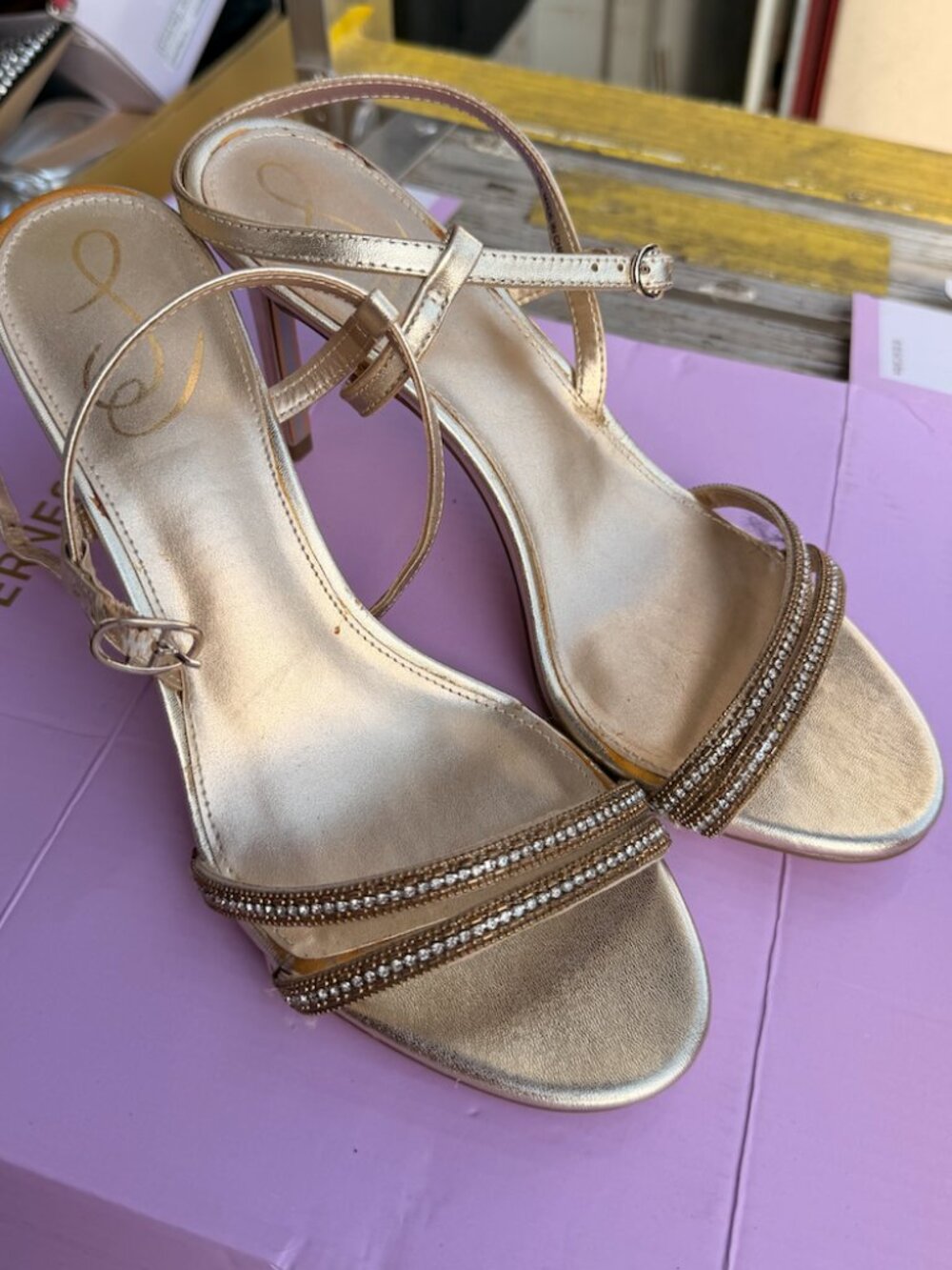 Champagne Rhinestone Strappy Stiletto Heels | Evening Sandals | Size 8